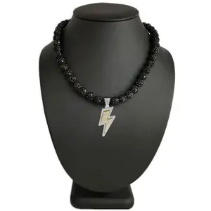 Iced Bling Disco Ball Rhinestone Crystal Bead Baseball Necklace Black Out Lightning