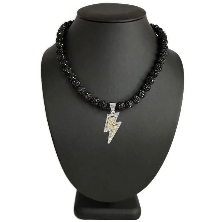 Iced Bling Disco Ball Rhinestone Crystal Bead Baseball Necklace Black Out Lightning