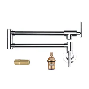 WOWOW Brass Wall Mount Pot Filler with 2-Handles and Double Joint Swing Arms Folding Kitchen Faucet in Polished Chrome