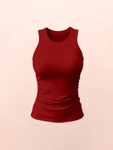 Women's Sporty Tank Top, Ribbed Round Neck Sleeveless Shirt, Side Elastic Straps Design, Comfortable Fashion Yoga Wear, Casual Daily Use