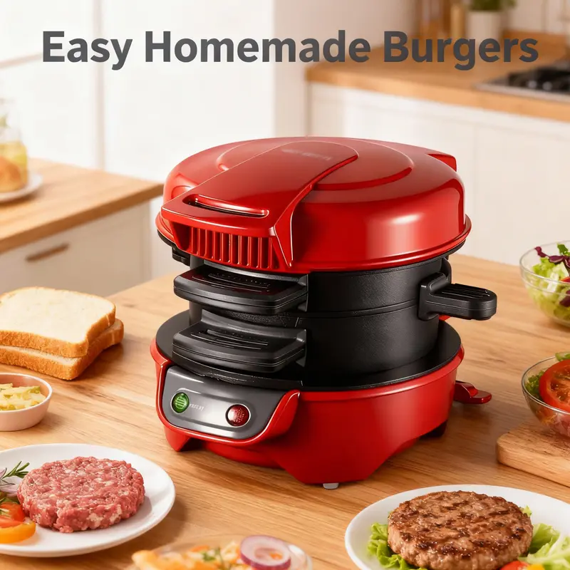 Red Non-Stick Handheld Burger Press Equipment - Sturdy, Durable Tool with Cover and Mold, Quick Homemade Juicy Patties Maker, Essential Kitchen Appliance