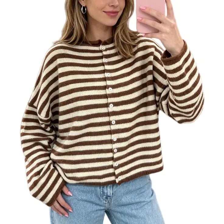 Arssm Women Brown Cream Striped Knit Cardigan Loose Long Sleeve Button Down Vintage Cropped Sweater Jacket Fall Casual Outfits