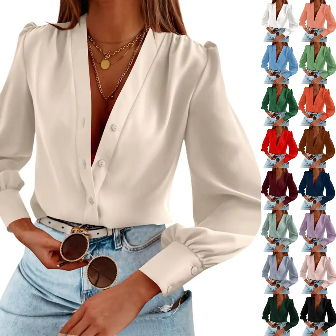 Imily Bela Women's Business Casual Tops Long Sleeve Silk Button Down Shirts V Neck Chiffon Blouses