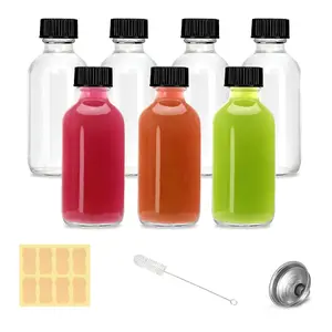 2oz Small Clear Glass Bottles with Lids - 7 Pack Shot Bottles with Caps for Ginger Shots, Juice, Potion, Liquids, Whiskey - Mini Travel Bottles with Funnels, Stickers and Brush (7Pack-Clear)
