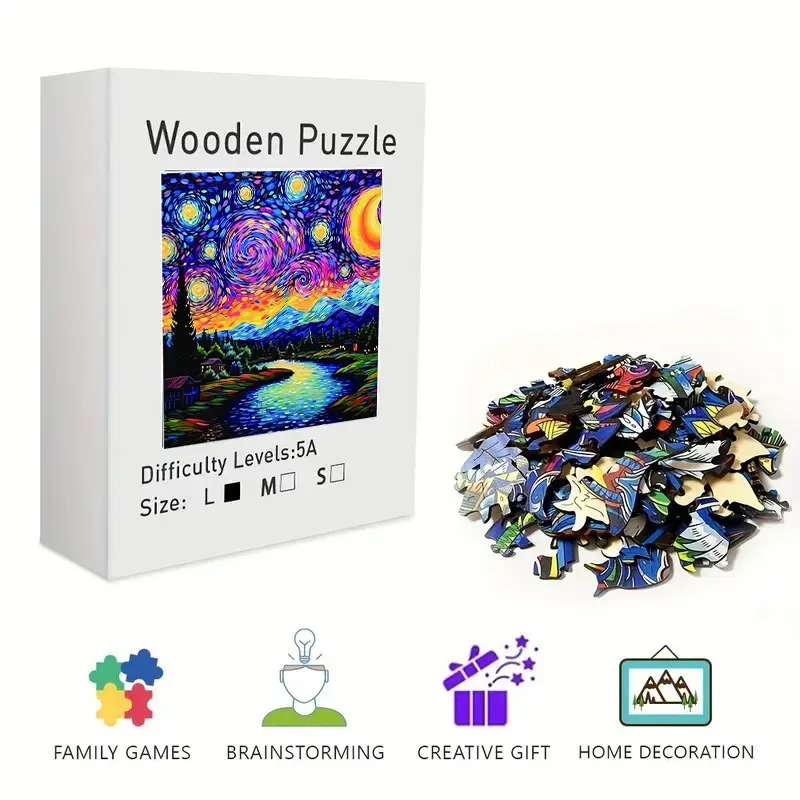 Starry Night Inspired Wooden Jigsaw Puzzle for Adults & Kids - Challenging Irregular Pieces, Vibrant Swirling Sky Landscape Puzzle, Stress Relief Brain Teaser, Framable Wall Art & Home Decor