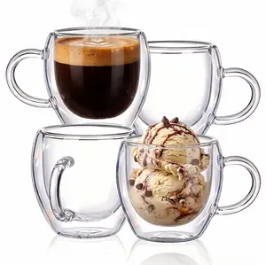 2.5oz Double-Walled Borosilicate Espresso Coffee Cups with Handles, Set of 4 Clear Shot Glasses, Kitchenware Drinkware Essentials