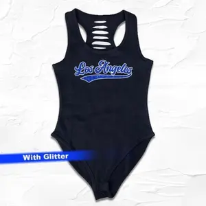 Black/ Glitter Blue Los Angeles Baseball Bodysuit, Women's LA Gift, Sports Oitfits
