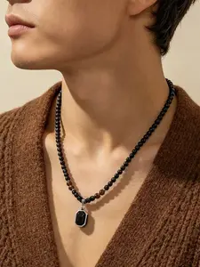 Natural Black Onyx & Tiger's Eye Necklace, Adjustable Beaded Chain with Black Stone Pendant, Crystal Jewelry