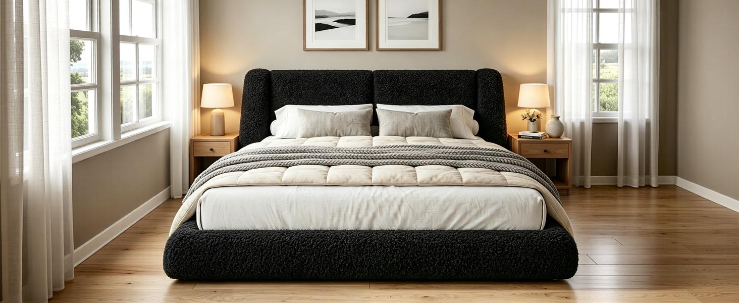 [15 Mins Assembly] Raybee Cloud Bed Frame with 5" Thick Ergonomic Wingback Headboard Soft Boucle Upholstered Low Profile Platform Bed, Bump-Resistant Rounded Corners, Anti-Slip Noise-Free, 880LBS Capacity for Bedroom, Dorms, Apartment, Beige, Black, Gray