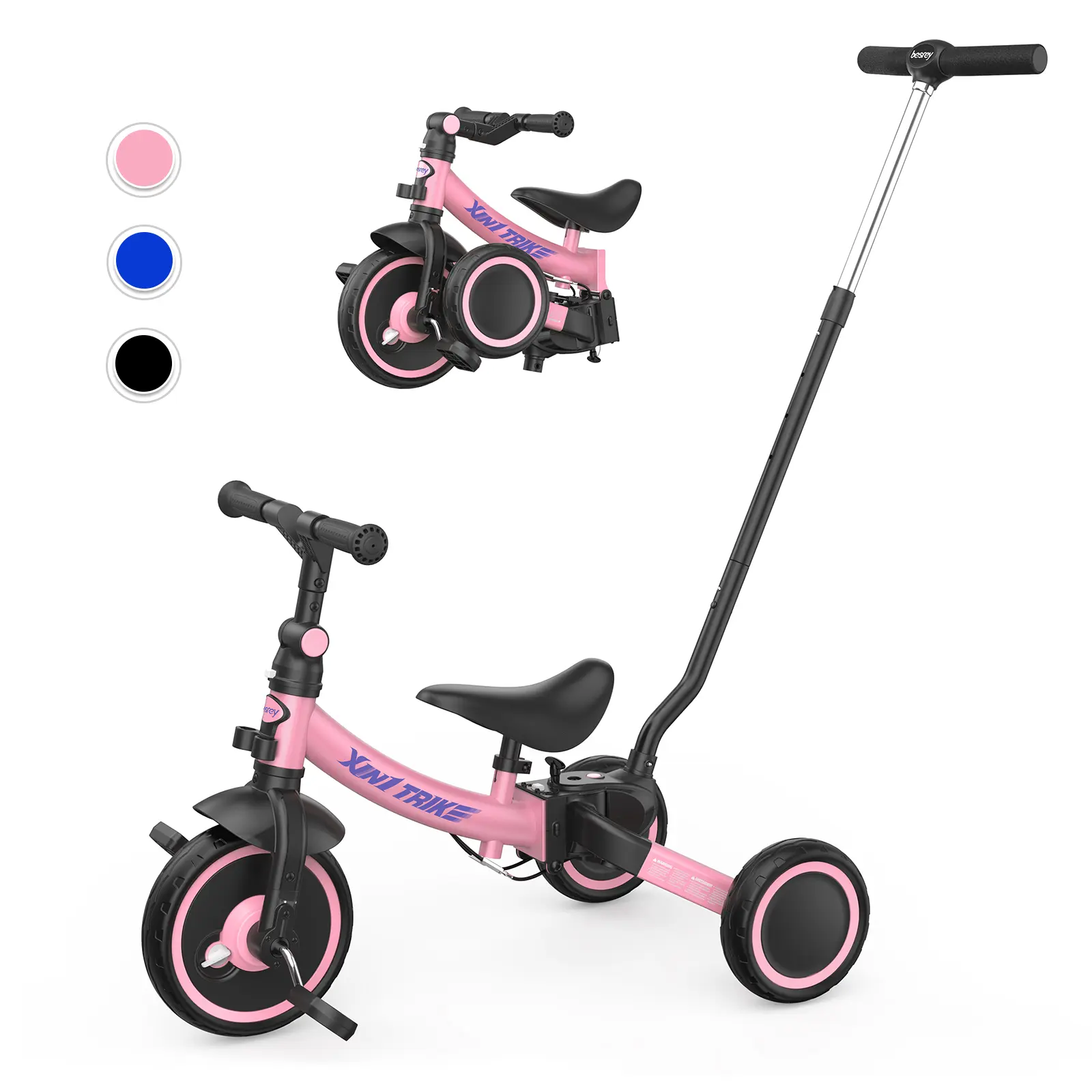 Besrey 7-in-1 Trke, Bike for 2.5+ Years Old Kids, Folable Toddler Push Tricycle with Parent Steering Push Handles, Height-Adjustable Seat, Detachable Pedals and Wheel Clutch