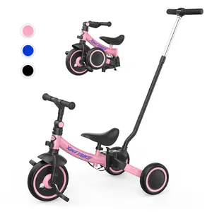 Besrey 7-in-1 Trke, Bike for 2.5+ Years Old Kids, Folable Toddler Push Tricycle with Parent Steering Push Handles, Height-Adjustable Seat, Detachable Pedals and Wheel Clutch