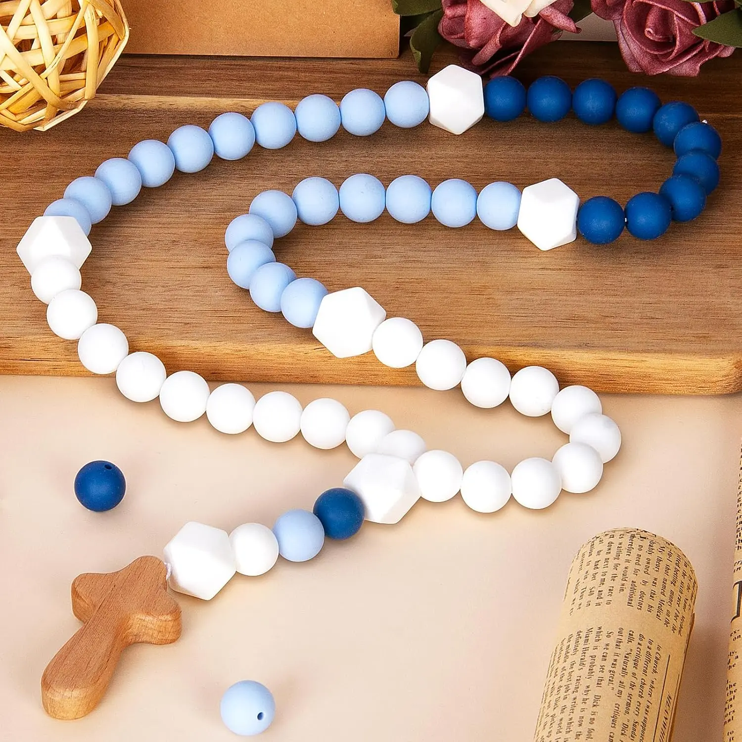 Blue Silicone Baby Rosary with Cross - Unisex 0-3 Years Classic Multicolor 1-Size Teething Toy, Catholic Baptism/First Holy Communion Religious Gift, Christian Party Decor