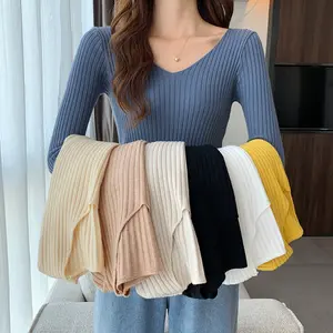 Women's Knitted Sweater Autumn and Winter V-neck Slim Fit Pullover Sunken Stripe Top Inner Tight Long Sleeve Women's Bottoming Shirt Wholesale