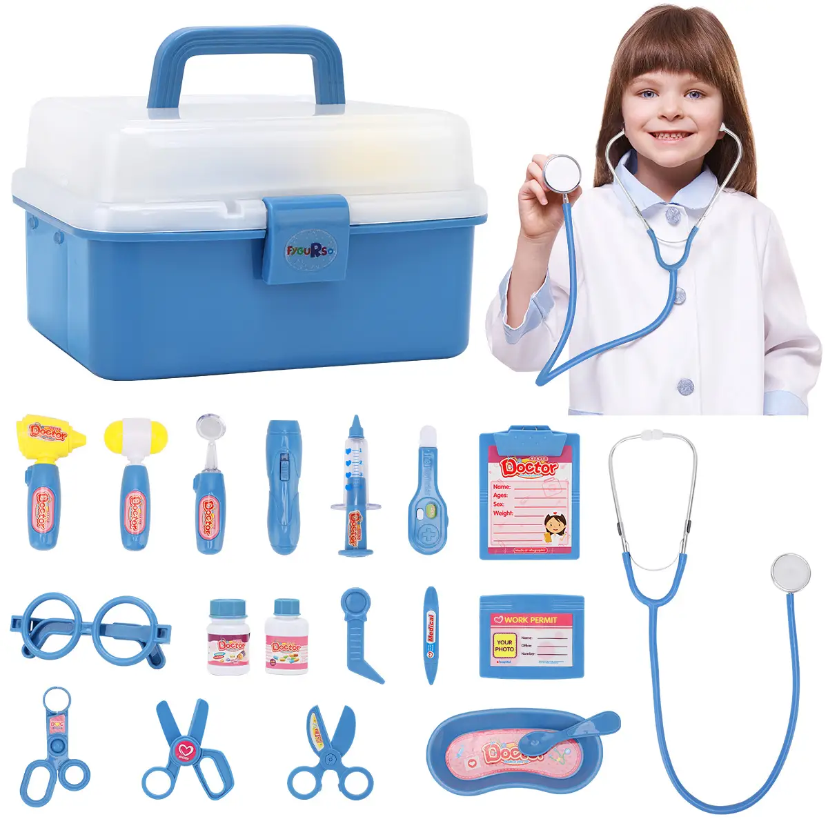 Fygurso Kids Doctor Play Set for Girls Boys Toy, Pretend Play Medical Kit with Stethoscope & Costume for Birthday Gift Blue