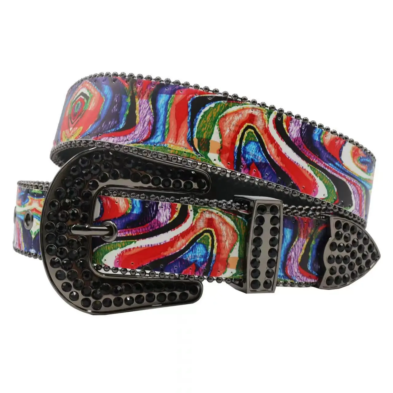 Graffiti rainbow rhinestone printed women's belt, original design, hip-hop style, unique PU leather, American retro belt.