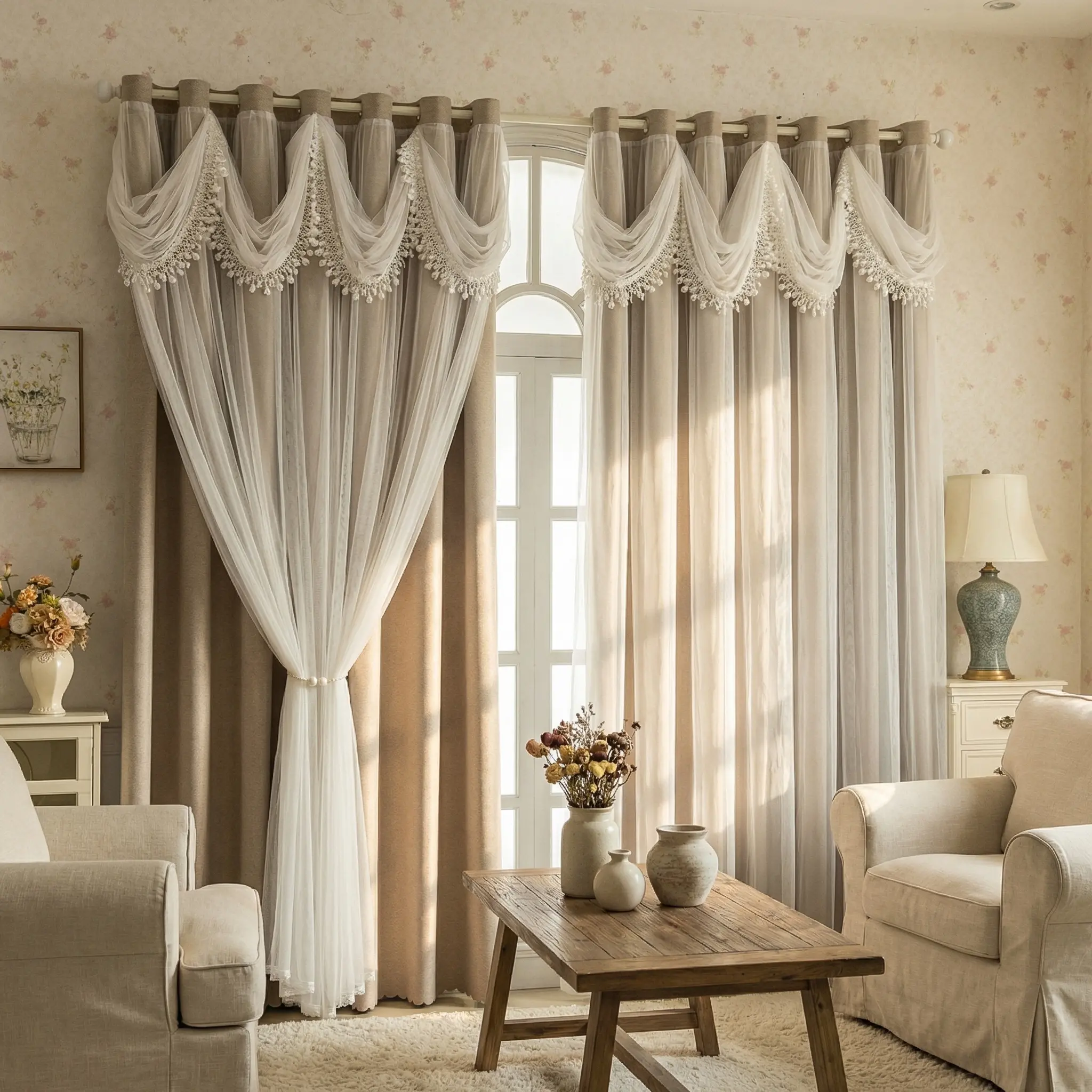100% Polyester Fibre Blackout Linen-Textured Curtains with Classic Waterfall Valance, Thermal Insulated Drapes with Integrated Sheer Window Treatment, Soft Privacy Focus for Bedroom, Living Room, Regular