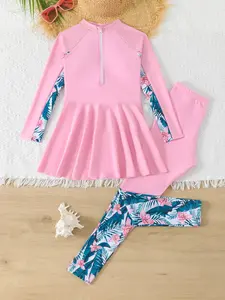 Girls' Plant Print Long Sleeve Patchwork Dress, Two-Piece Swimsuit Set, Sporty Beachwear, All Seasons, Slim-Fitting Swimwear, Swimwear Sets