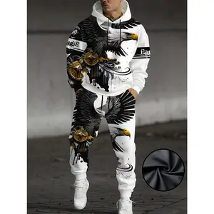 Autumn casual 3D printed animal eagle pattern, cool style long-sleeve hooded sweatshirt, men's sports pants set, hooded sports two-piece set