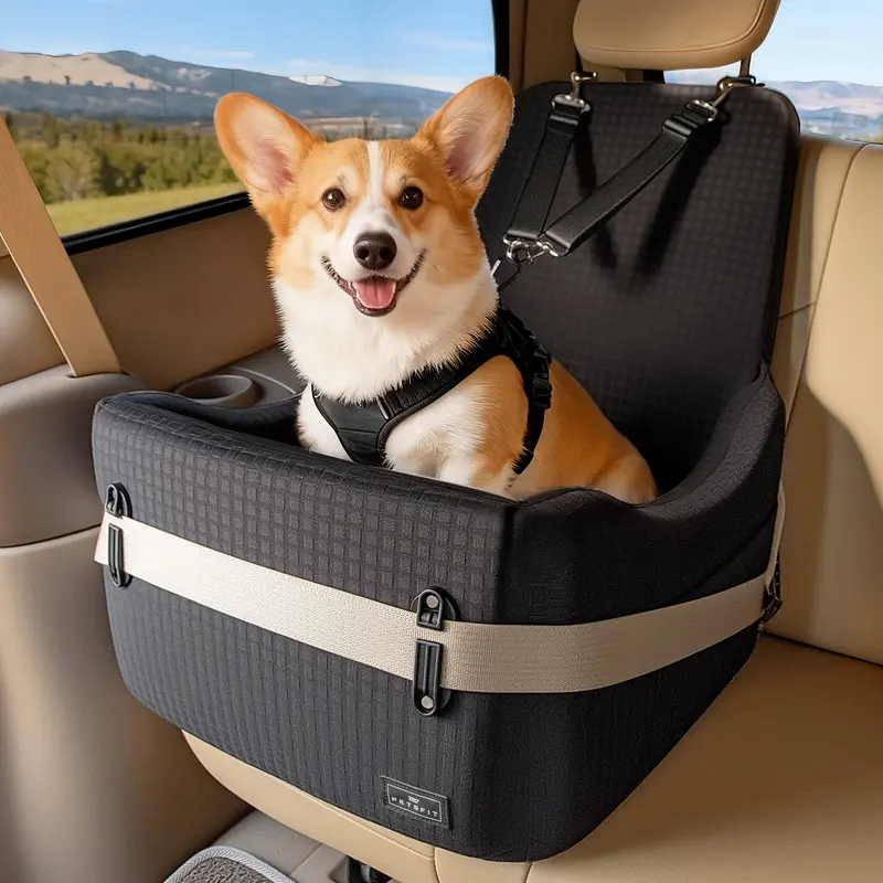 PETSFIT Black Secure Fit Dog Booster Car Seat for Small/Medium Dogs Up to 35 lbs - Patented Safety System with Straps and Seatbelt Anchors, 5" Dual-Sided Egg Foam, Fully Detachable Washable Cover, Any Season Front/Back Seat Use