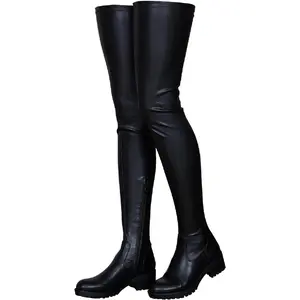 Women knee high boots thigh high over knee stretch fashion low chunky round toe zipper winter boots black red US4.5-14