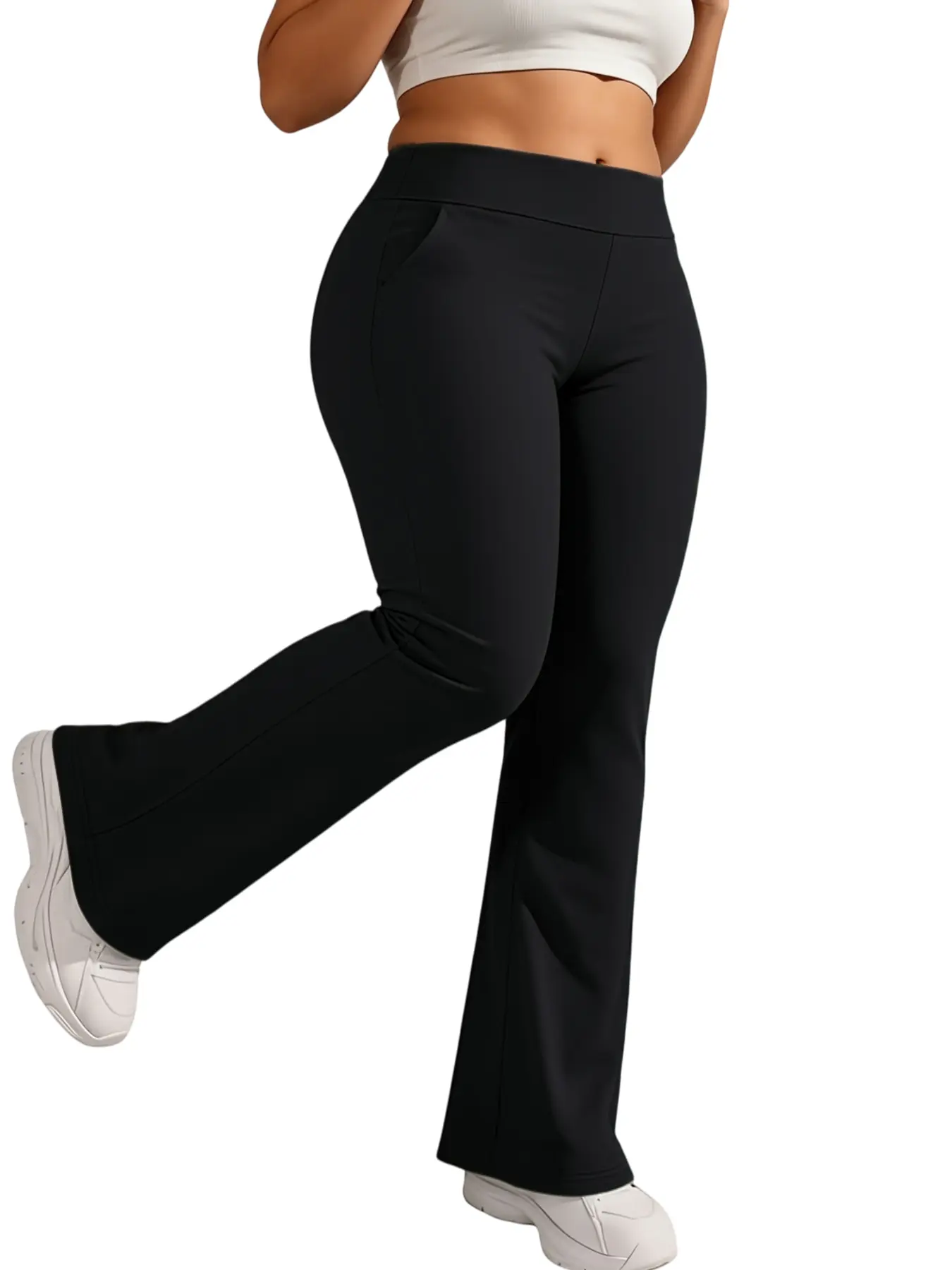 Women's High Waist Solid Black Flared Leggings with Side Pockets, Tummy Control Yoga Pants for Fitness, Running, Workout, Casual Daily Wear, Comfy Stretch Sport Pants Womenswear