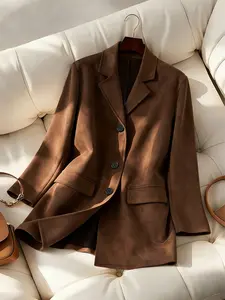 Vintage Style Velvet Solid Color Blazer Suit Jacket, Single Button Pocket Details, Long Sleeve Fashion Commuter Coat, Women's Elegant Outerwear