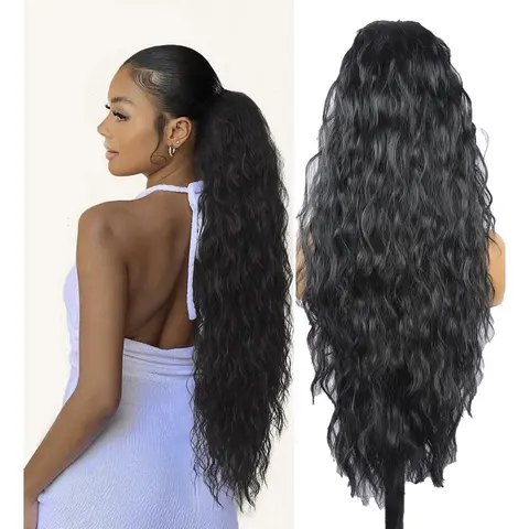 Women's Synthetic Soft Hairpieces - 30-Inch Curly Wavy Drawstring Comb Clip-In Ponytail Extension, Tangle-Free, Frizz-Free, Heat-Resistant, Natural Fluffy for Party, Daily Use