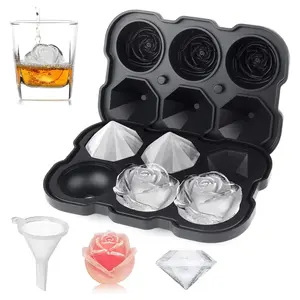 Ice Cube Tray, 2 inch Rose & 3 Cavity Silicone Rose  Ice Trays & 3 Diamond Ice Ball Maker, Easy Release Large Ice Cube Form for Chilled Cocktails, Whiskey Juice Black Kitchen Utensils