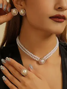 Luxurious Vintage Faux Pearl Jewelry Set for Women, Complete Accessories Set, Elegant Necklace Earrings Ring, Perfect Gift for All Occasions