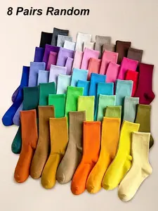 Random Women's Solid Crew Socks, Casual Moisture Wicking Mid-Calf Socks, Soft Comfy Breathable Socks for All Seasons Daily Wear