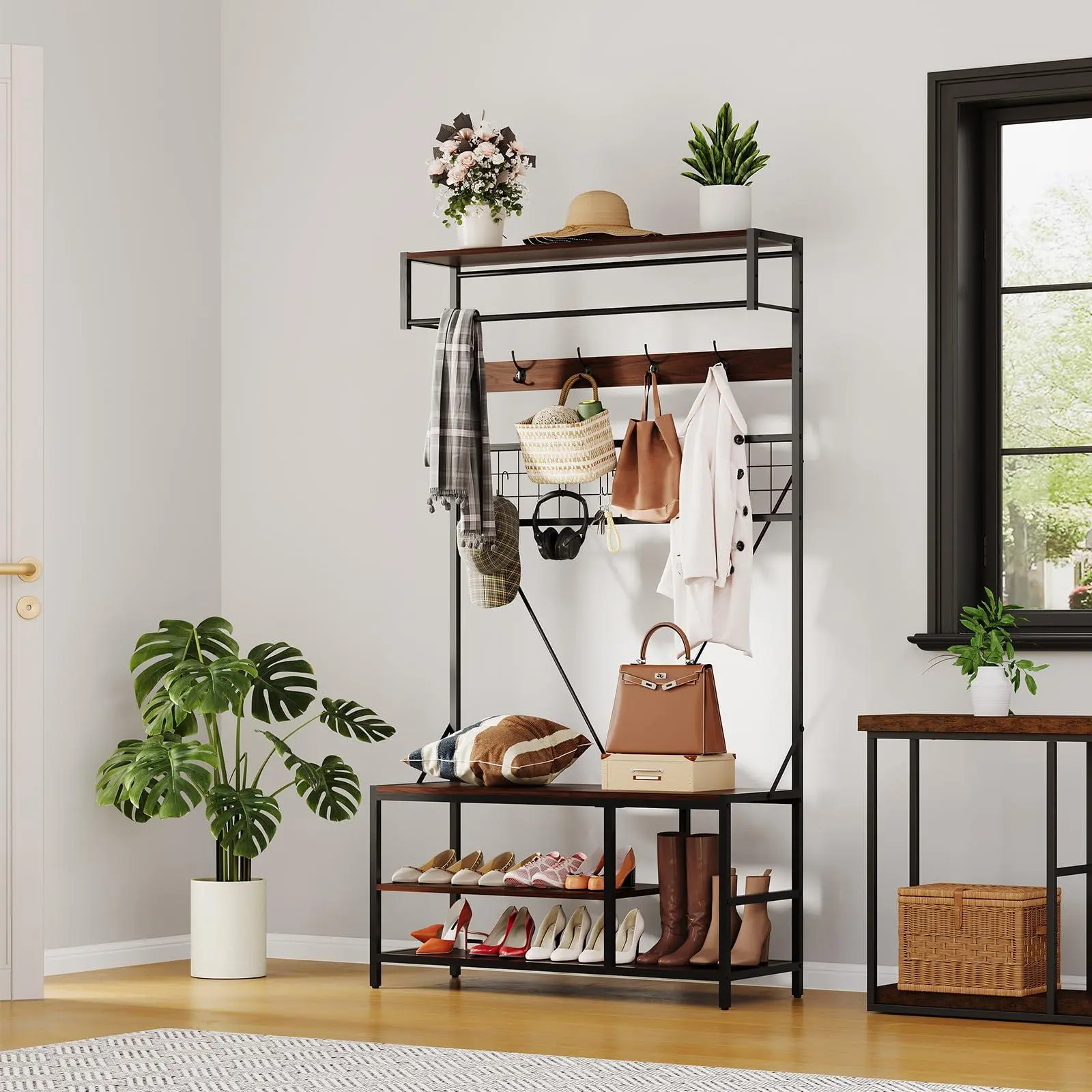 Walnut Brown Hall Tree with Bench and Shoe Storage, 5 in 1 Coat and Shoe Rack with Adjustable Shelf, 39.37" Entryway Shoe Bench with Coat rack, Hanging Rod and 9 Hooks, for Hallway, Mudroom, Bedroom