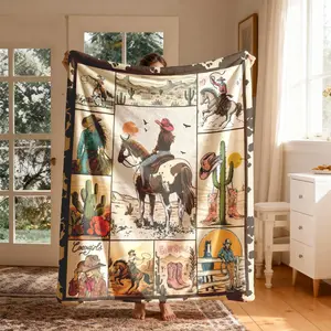 Western Cowgirl Patchwork Flannel Throw Blanket, Large Size, Soft Lightweight Warm, Perfect for Bed Sofa Office Camping Travel, Spring Gift