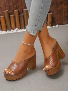 Vintage Chunky Heel Fish Mouth Sandals, Plaid Stitched Waterproof Platform Shoes, Summer Height Increasing High Heels Slippers