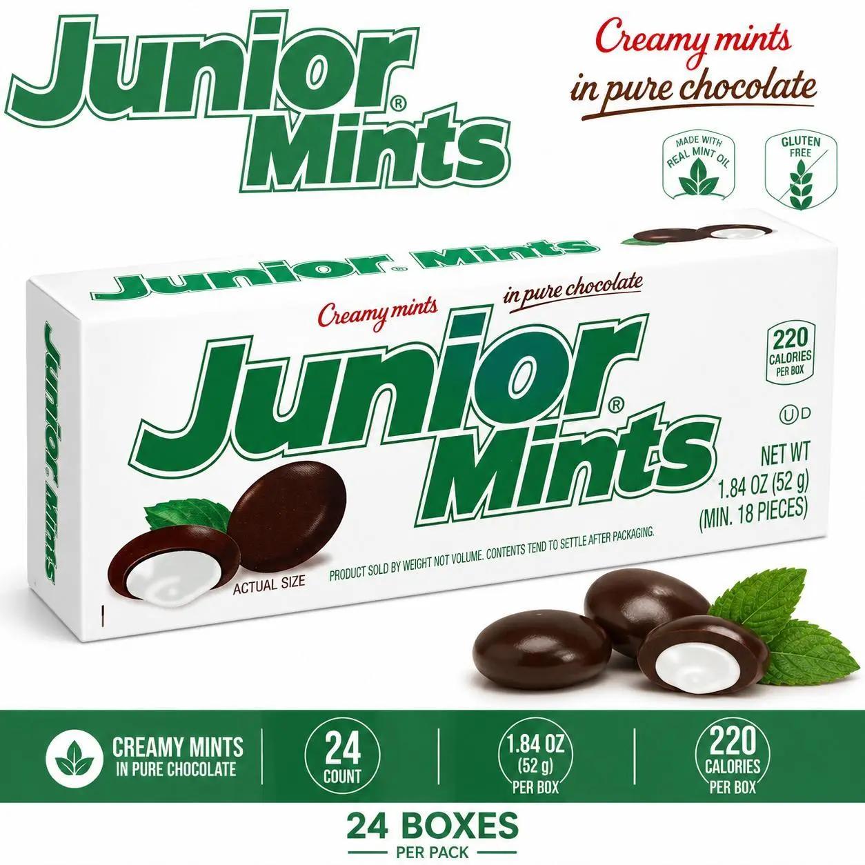 Junior Mints Creamy Chocolate-Covered Peppermint Candy, 1.84oz Ambient Classic Boxes, 24-Count Movie Theater Favorite Sweet Snack