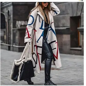 2025 Autumn Winter Women's Loose Plus Size Printed Trench Coat with Turn-down Collar