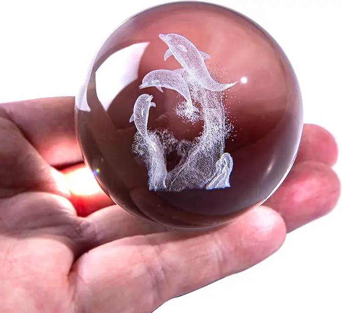60mm Dolphin Crystal Ball Paperweight with Flower Stand Decorative Paperweight 3D Laser Engraved Glass Ball