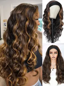 Headband Wig for Women Synthetic Body Wave Glueless Headband Wigs Beginner Friendly Wigs Natural Looking Brown Mixed Blonde Long Wavy Wig Heat Resistant Soft Synthetic Hair for Daily Use