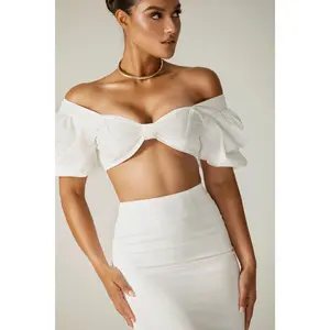 Susan Crepe Crop Top - Off White | Elegant Puff Sleeve Blouse with Sweetheart Neckline - Stylish Feminine Outfit for Evenings, Dates Night & Party Wear - Womenswear Apparel