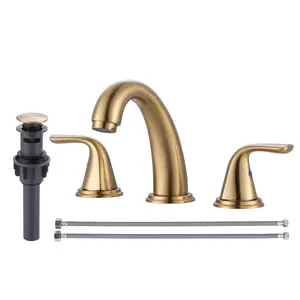WOWOW Bathroom Sink Faucet 3 Holes Gold, Widespread Bathroom Faucets, Faucet with Pop Up Drain, Faucets with 304 Stainless Steel Lead-Free Hose