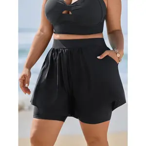 BLOOMCHIC Plus Size Swimsuits, Tummy Control Full-Hip Coverage Spliced Swim Bottoms with Pockets, M-6X Sizes Swimwear Shorts Swimmingtrunks 2026 Summer Vibes Swimweek