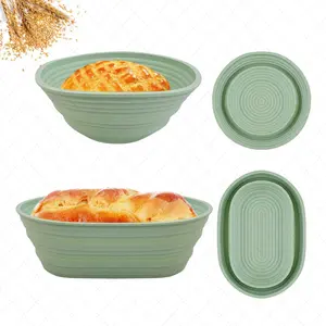 2Pcs Silicone Banneton Bread Proofing Baskets, 10" Oval & 9" Round Foldable Non-Stick Dough Proofing Bowl Containers-BPA Free, Optimum Sourdough Bread Baking Supplies (Green)