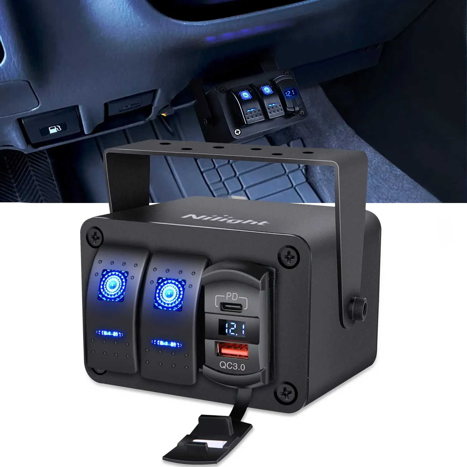 Nilight 2-Gang Pre-Wired Rocker Switch Box with 12V/24V SPST ON-Off Switch, PD Type C & QC 3.0 Dual USB Charging Ports, Voltmeter, Waterproof Aluminum Panel for Boats/RVs Light Control