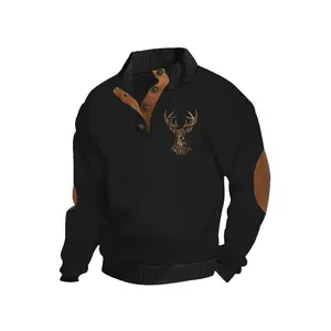 Men's Reindeer Print Patchwork Contrast Trim Jacquard Sweatshirt, Regular Fit Casual Comfy Long Sleeve Half Button Front Stand Collar Pullover for Spring & Fall, Fashion Men's Top for Daily Wear