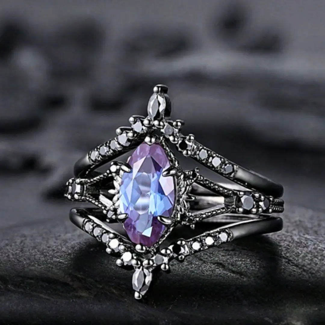 Fashion Women's Engagement Ring, Black Plating Design with Brilliant Synthetic Purple Zirconia, Bridal Jewelry Accessories, Anniversary Gift