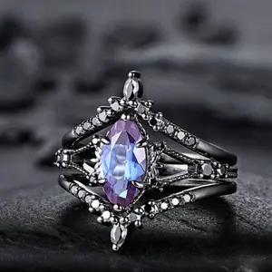 Fashion Women's Engagement Ring, Black Plating Design with Brilliant Synthetic Purple Zirconia, Bridal Jewelry Accessories, Anniversary Gift