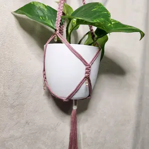 Pastel Burgundy Macrame Plant Hanger - Simple Design with Pink Cord, Ideal for Indoor Plants