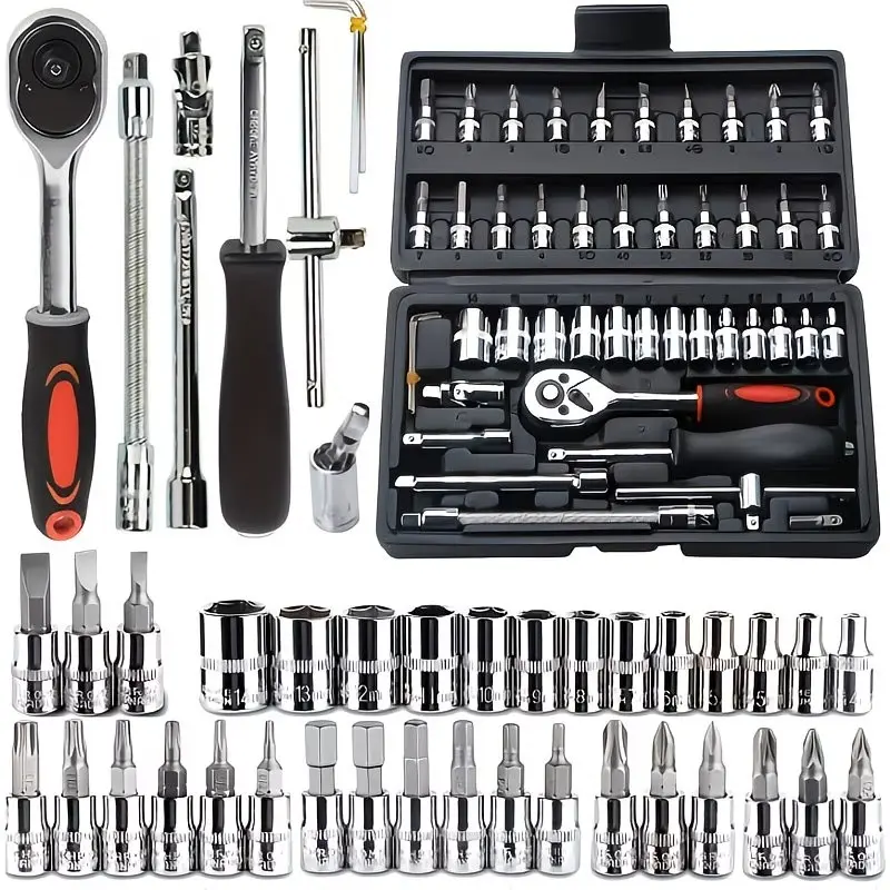 46-Piece Stainless Steel Tool Set, Precision Ratchet Wrench, Screwdriver Heads, Socket Set, Multi-Function Repair Tools for Car, Bike, Home Maintenance, Hand Tools