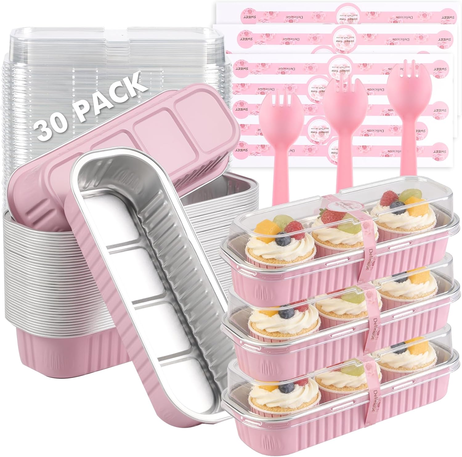 30 Pack Mini Loaf Cake Pans with Lids & Spoons, 6.8oz Disposable Aluminum Foil Baking Tins, Rectangular Mini Bread Pans for Baking, Meal Prep, Party, Picnics & Holiday Gifts