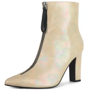 BLISSFUL STEP Pointed Toe Front Zip Block Heel Holographic Ankle Boots