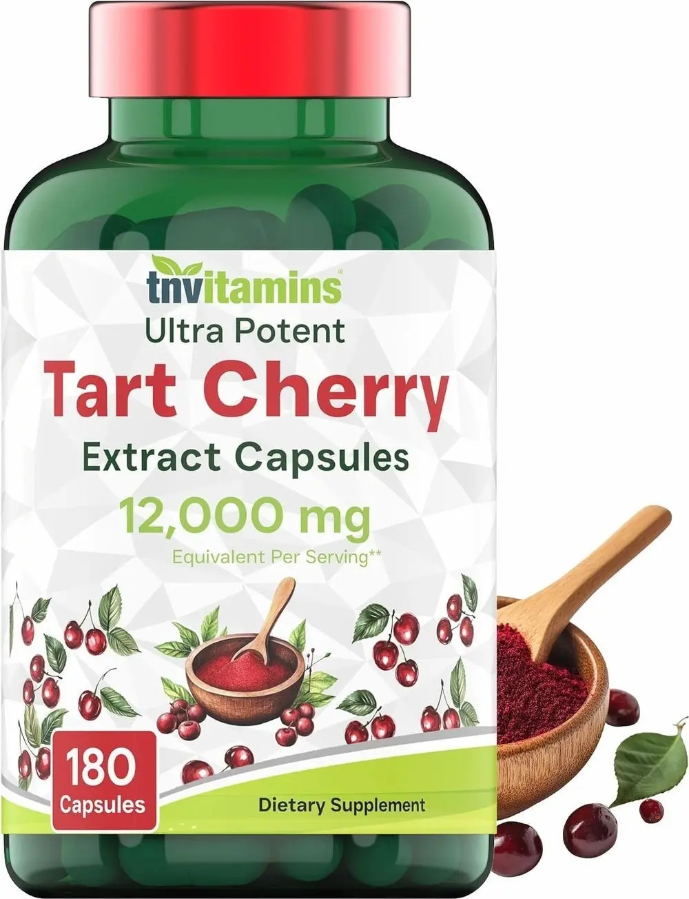tnvitamins Tart Cherry Capsules 12,000 mg Per Serving - 180 Count | Ultra-Potent Tart Cherry Extract Capsules | Joint, Sleep, & Recovery Support* | High in Antioxidants | Non-GMO | Made in The USA!